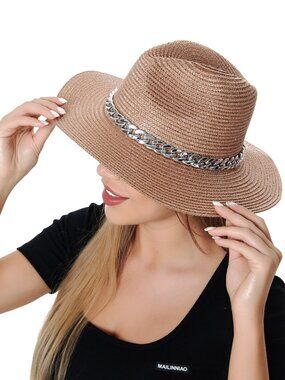 Shimmering Fedora Straw Hat Metallic with Chain Band for Women Rose Gold